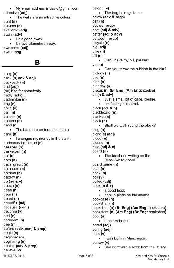 剑桥五级KET词汇表